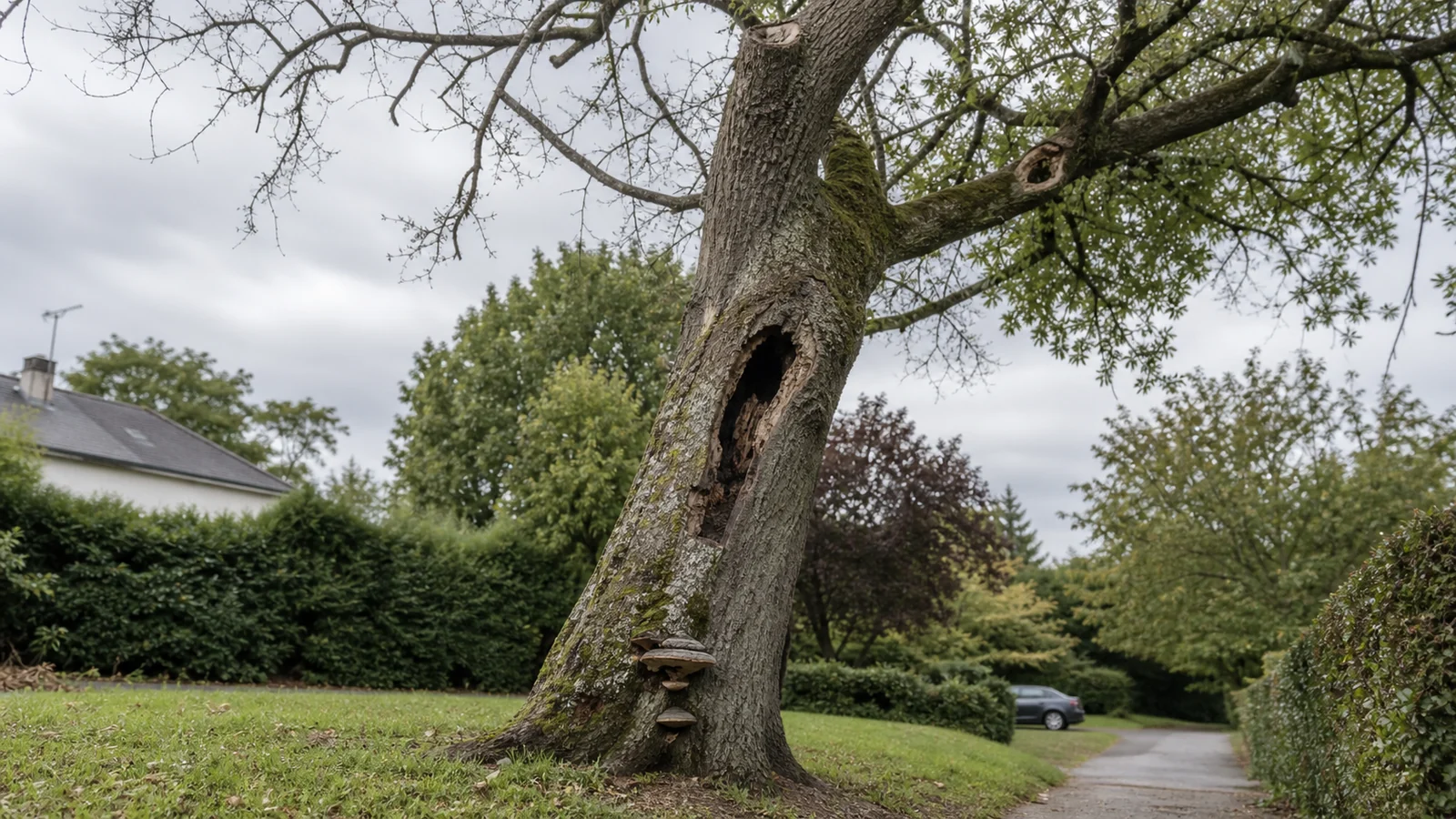 Arbre mature présentant une cavité dans le tronc, des champignons au pied et des branches mortes au-dessus d'une zone fréquentée