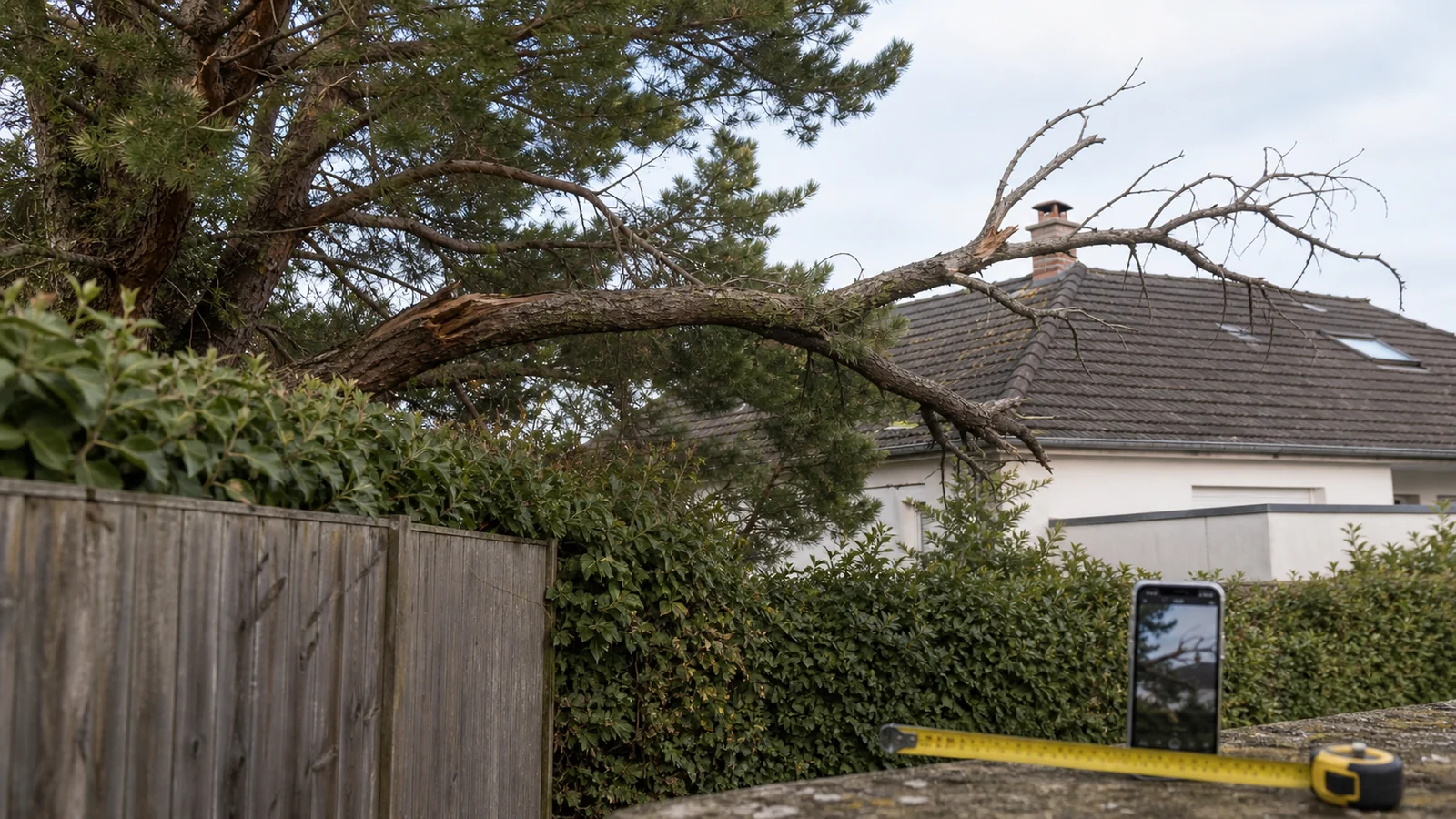 Branches d'un arbre voisin débordant au-dessus d'une clôture et d'un jardin