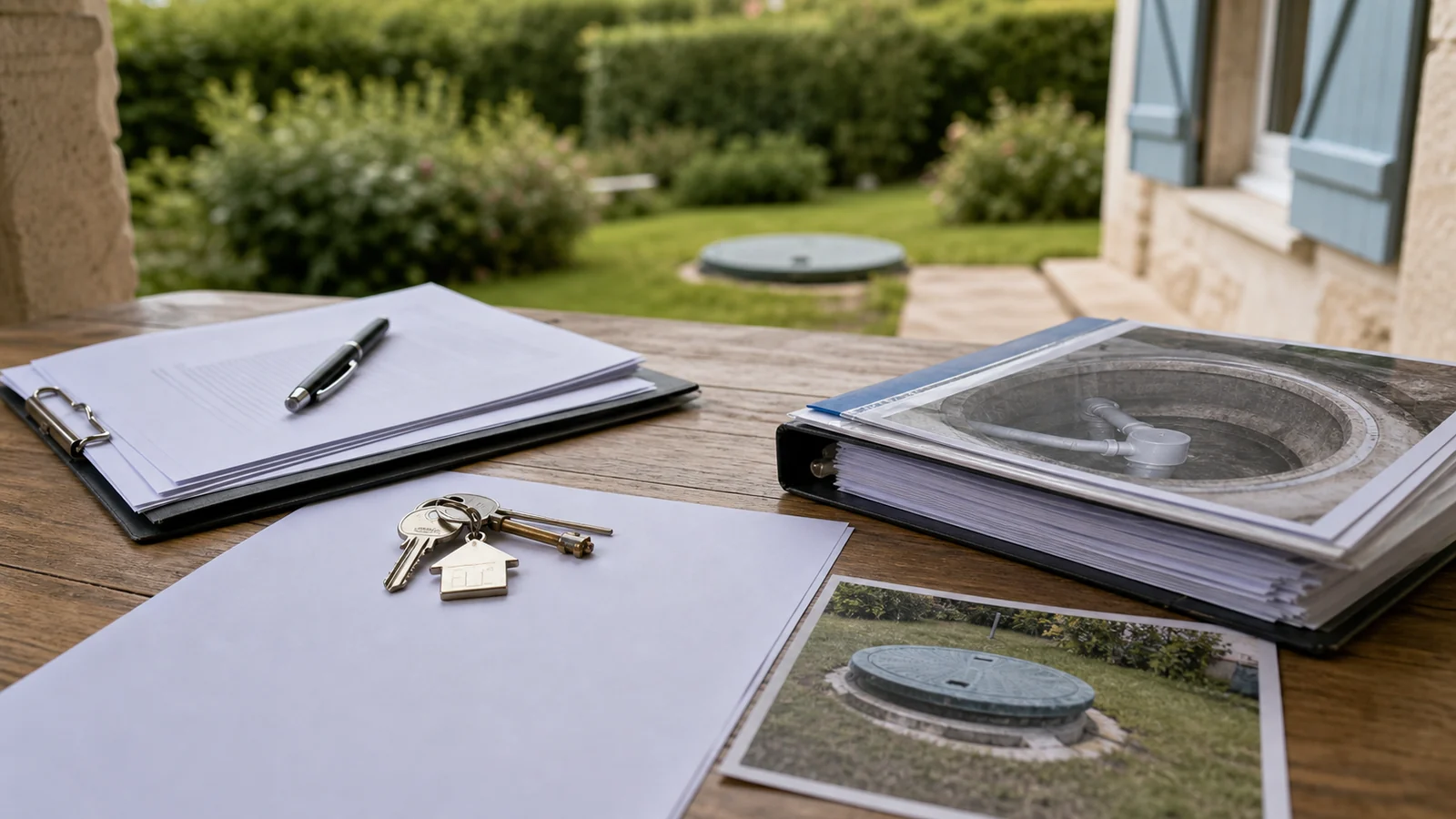 Clés de maison, dossier de vente et photo d'inspection d'assainissement non collectif