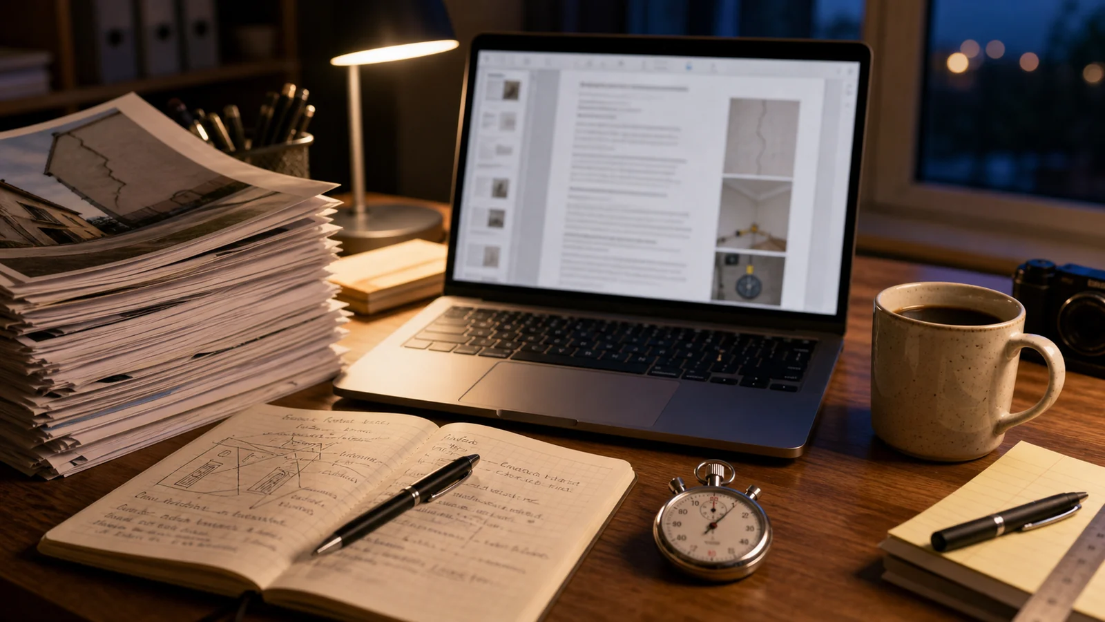 Bureau d'expert le soir avec ordinateur, photos d'inspection, carnet et horloge
