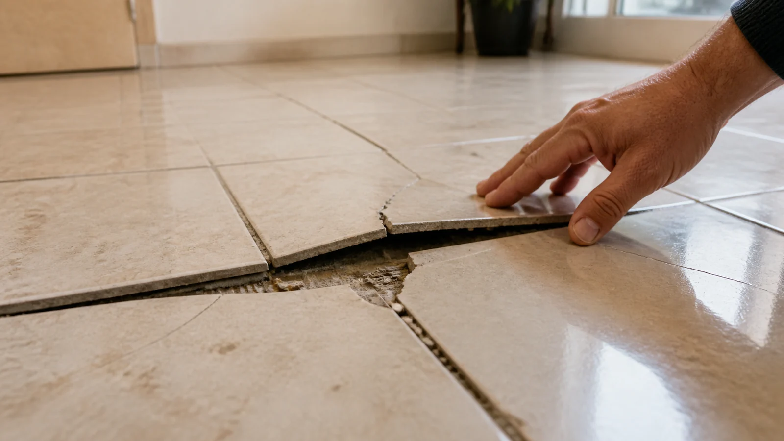 Carrelage intérieur fissuré et soulevé avec joints ouverts et outil d'inspection