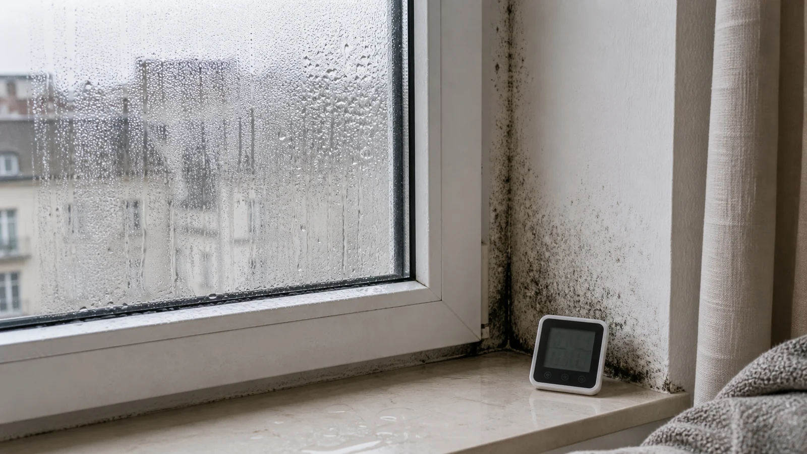 Condensation sur une fenêtre, appui humide et moisissures dans un angle de mur