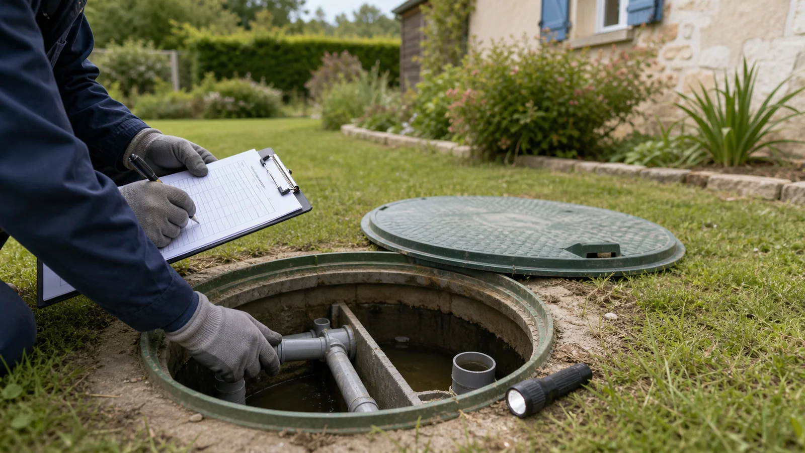 Contrôle d'un regard d'assainissement non collectif dans un jardin avec gants, lampe et clipboard