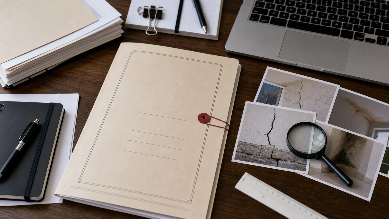 Dossier d'expertise amiable avec photos de dommages, documents juridiques et stylo sur un bureau