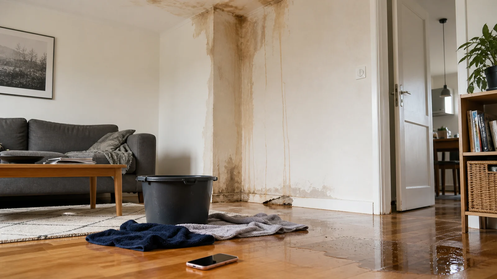 Salon touché par un dégât des eaux, avec tache au mur, sol mouillé, seau, serviettes et téléphone prêt à documenter le sinistre