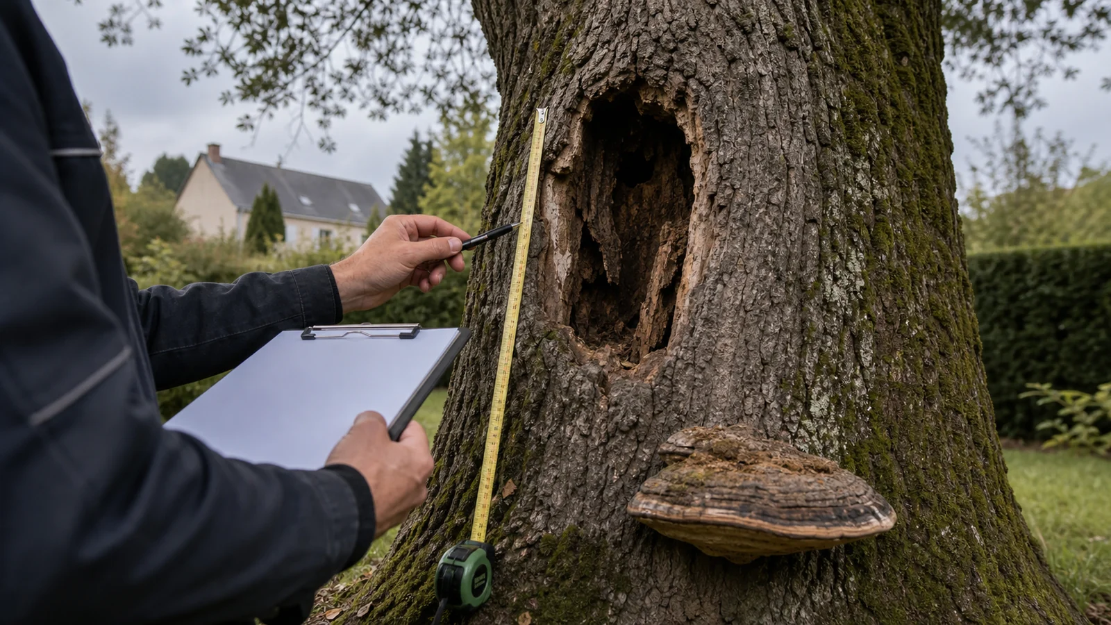Inspection arboricole d'un tronc avec cavité, champignon et outil de mesure