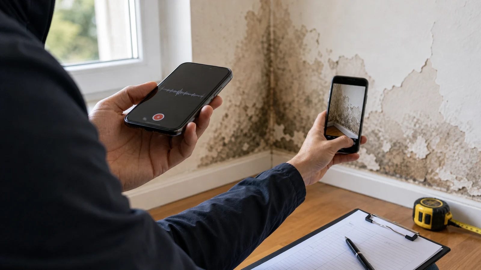 Expert dictant un constat sur smartphone devant une fissure avec mètre et clipboard