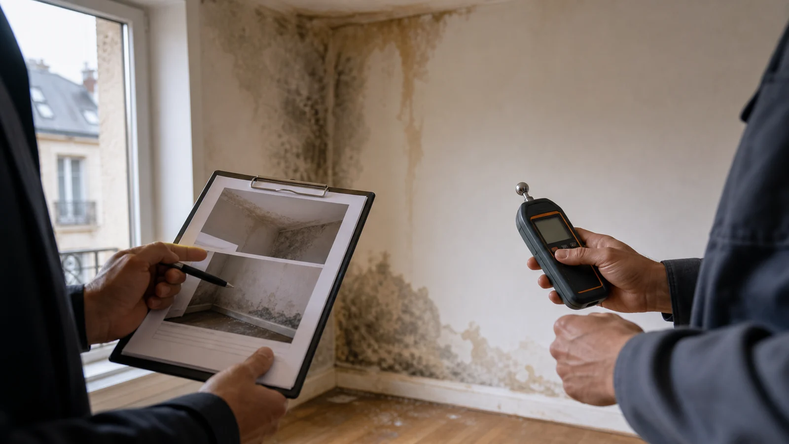 Deux professionnels comparent des photos et notes d'expertise devant un mur taché par l'eau