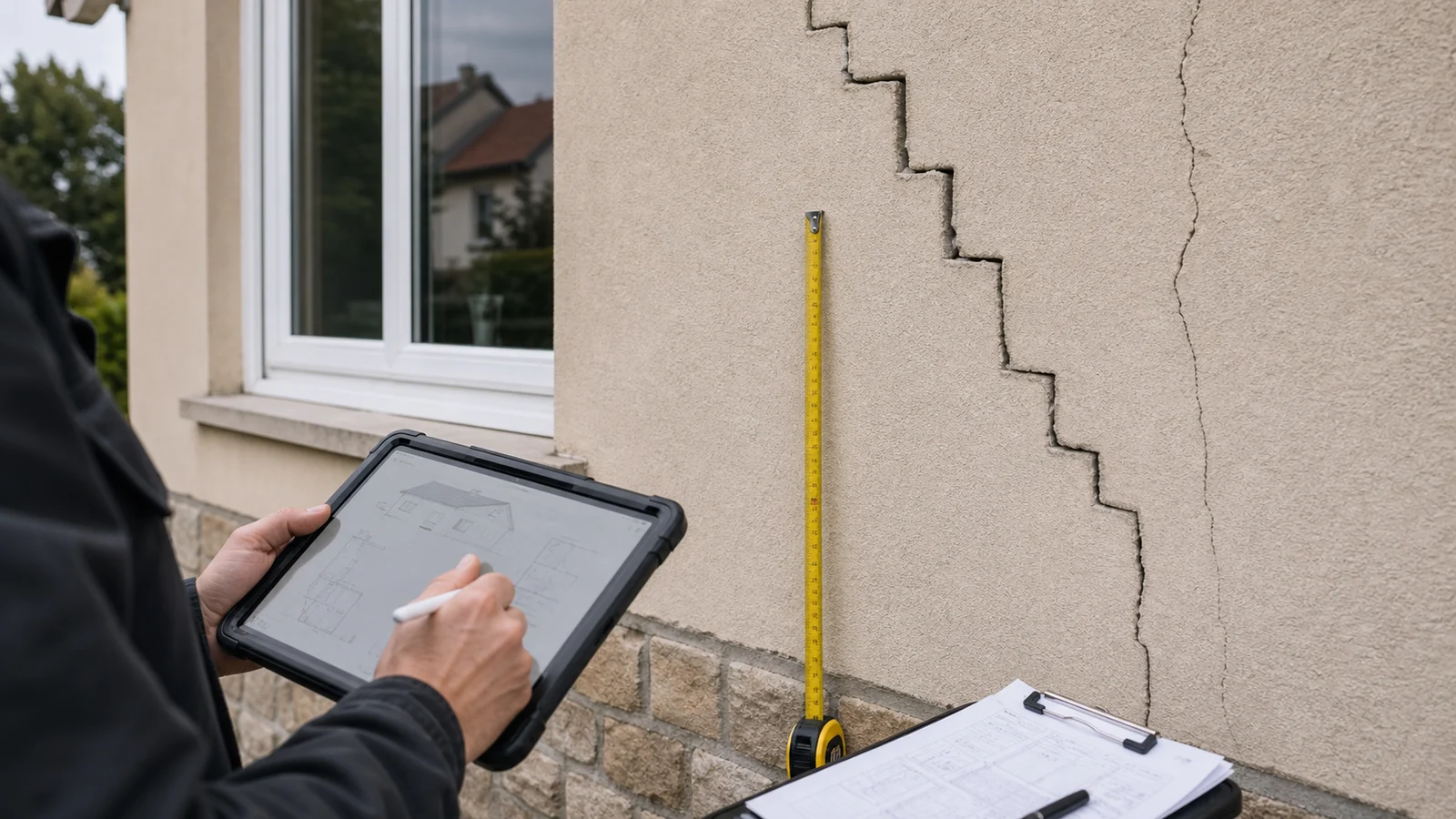 Expert terrain inspectant une fissure de facade