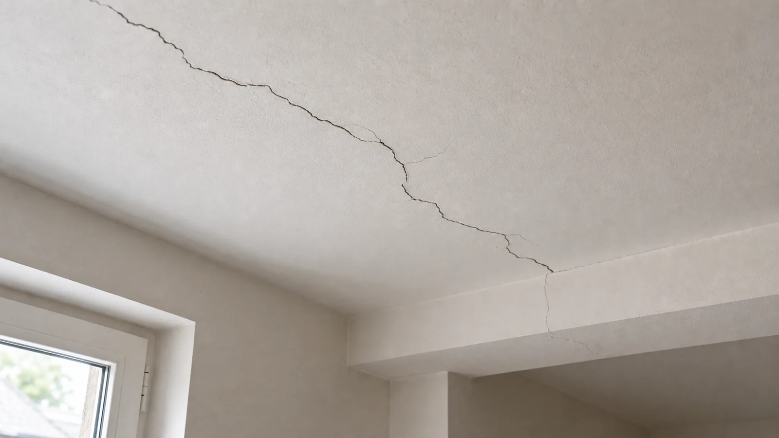 Fissure longue et irrégulière traversant un plafond intérieur près d'une poutre et d'un mur