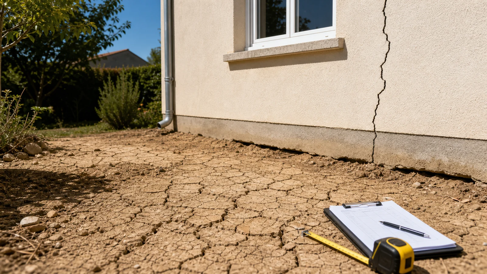 Maison fissurée avec sol argileux sec et mètre de mesure au pied de la façade