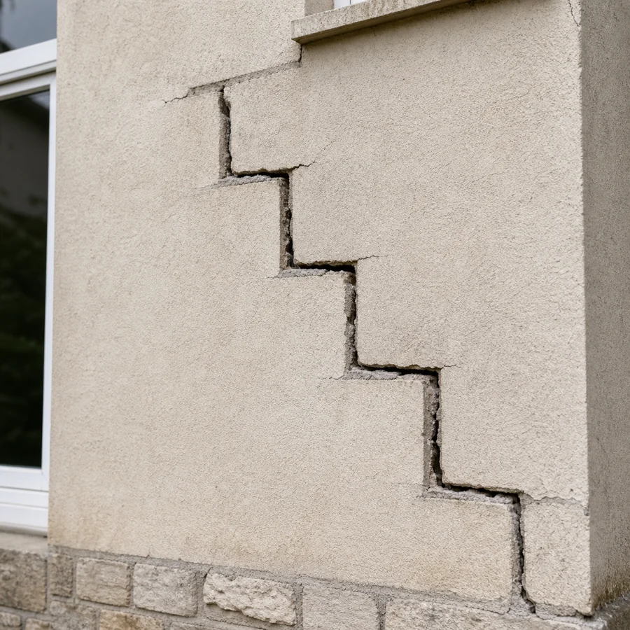 Fissure en escalier suivant les joints d'une façade maçonnée