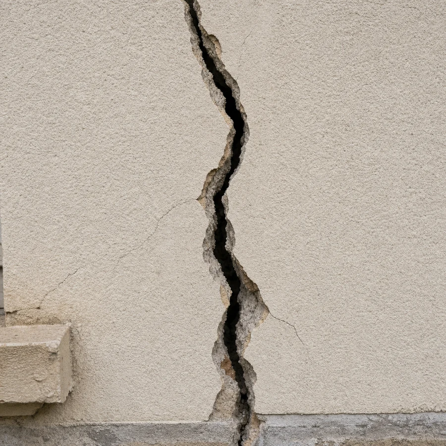 Fissure traversante large et profonde dans un mur de façade