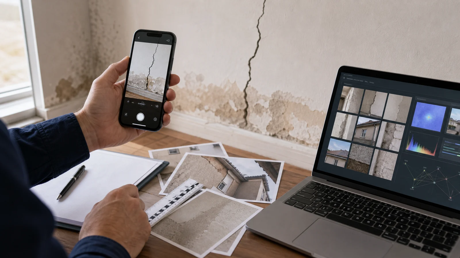 Smartphone photographiant une fissure réelle avec dossier de preuves et ordinateur de vérification