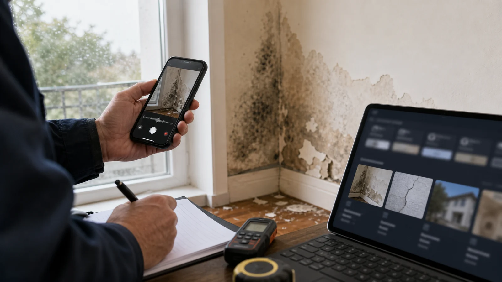 Smartphone enregistrant un constat vocal et photographiant un désordre de bâtiment