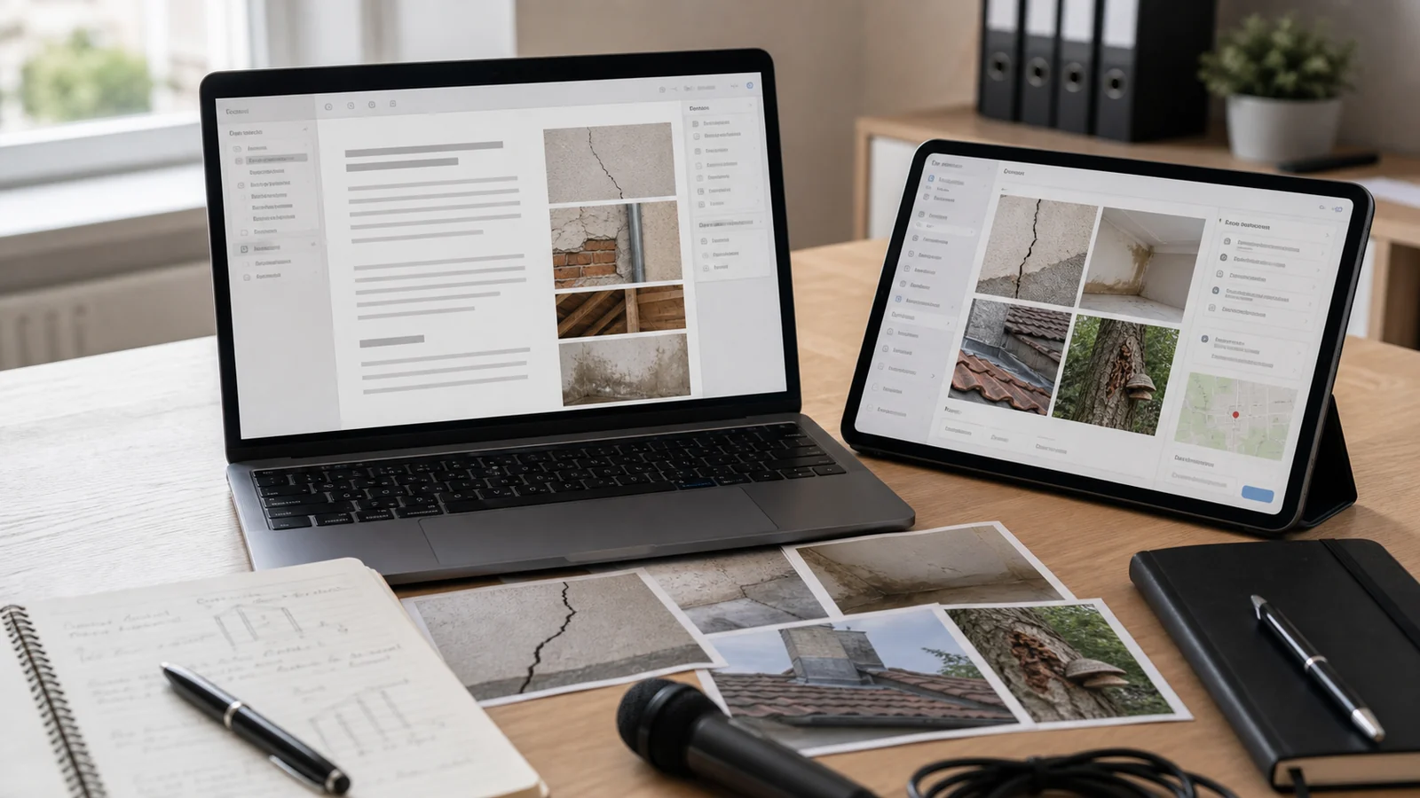 Ordinateur et tablette avec interface de rapport générique, photos de pathologies et micro