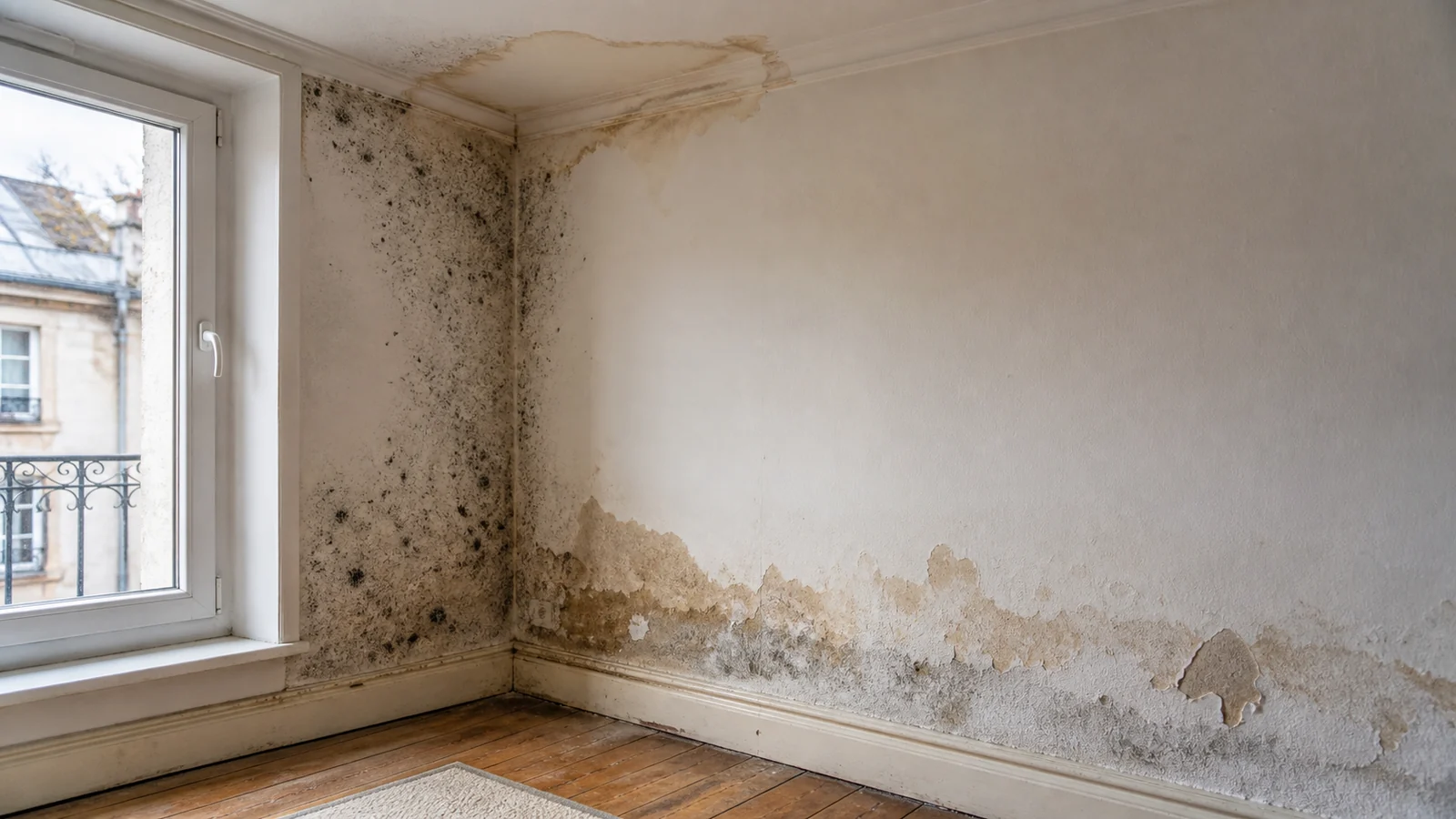 Angle de pièce humide avec moisissures près d'une fenêtre, auréole au plafond, peinture cloquée et traces d'humidité en pied de mur