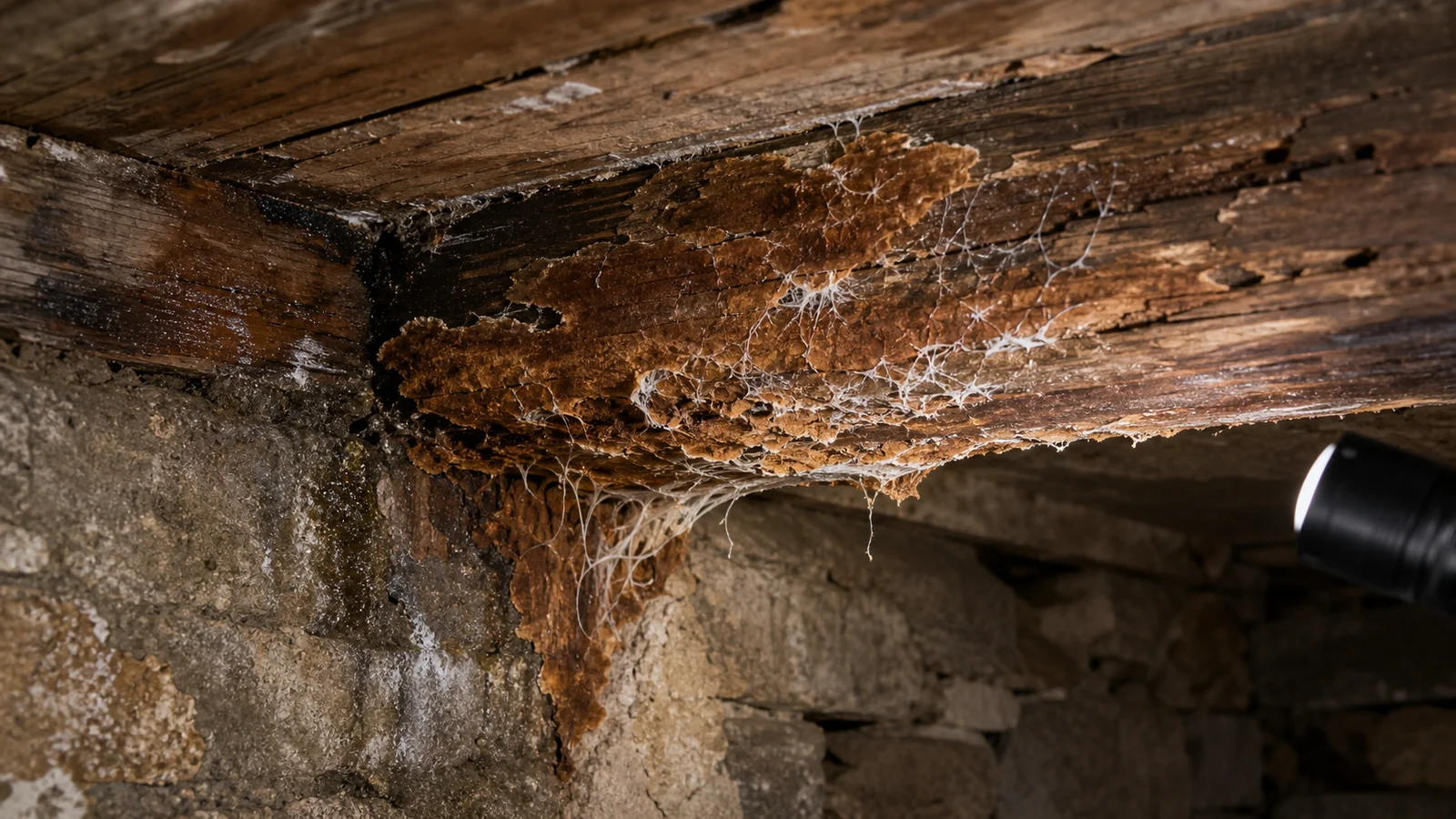Mérule sur bois humide dans une cave avec lampe d'inspection
