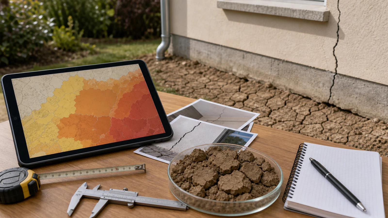 Tablette avec carte de risque argile abstraite, échantillon de sol sec et photos de fissures