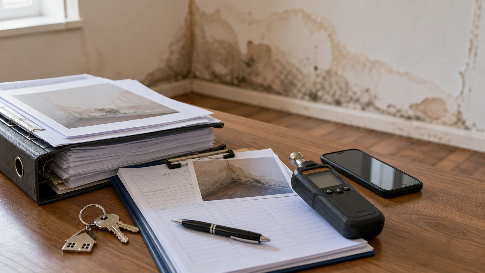 Dossier d'assurance, clés, humidimètre et traces d'humidité dans un logement