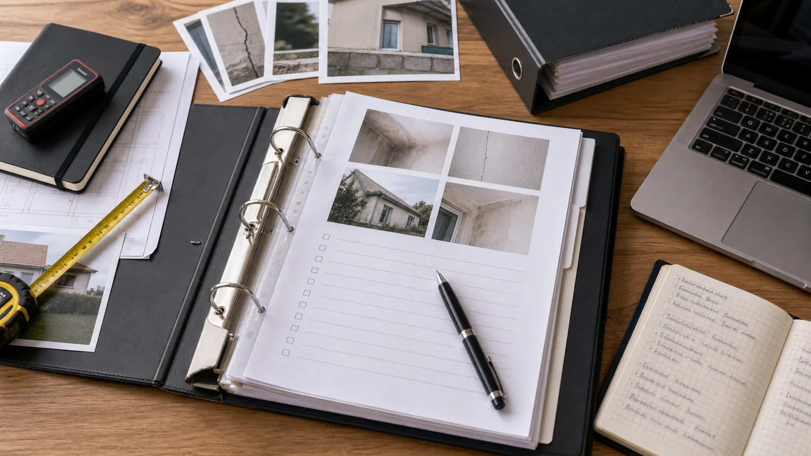 Dossier de preuves d'expertise avec photos, mesures, notes et rapport structuré