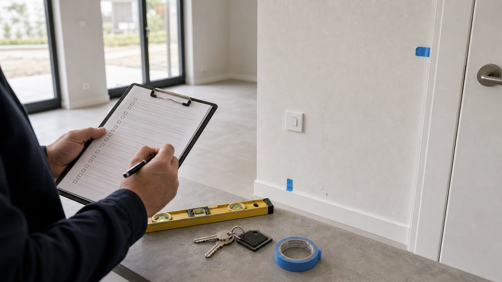 Réception d'une maison neuve avec clés, niveau, checklist et rubans marquant des défauts