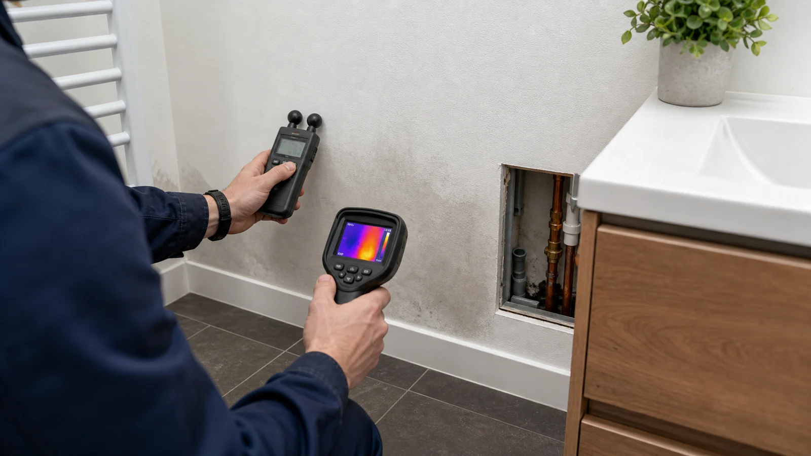 Technicien utilisant un appareil de mesure d'humidité et une caméra thermique près d'un mur humide
