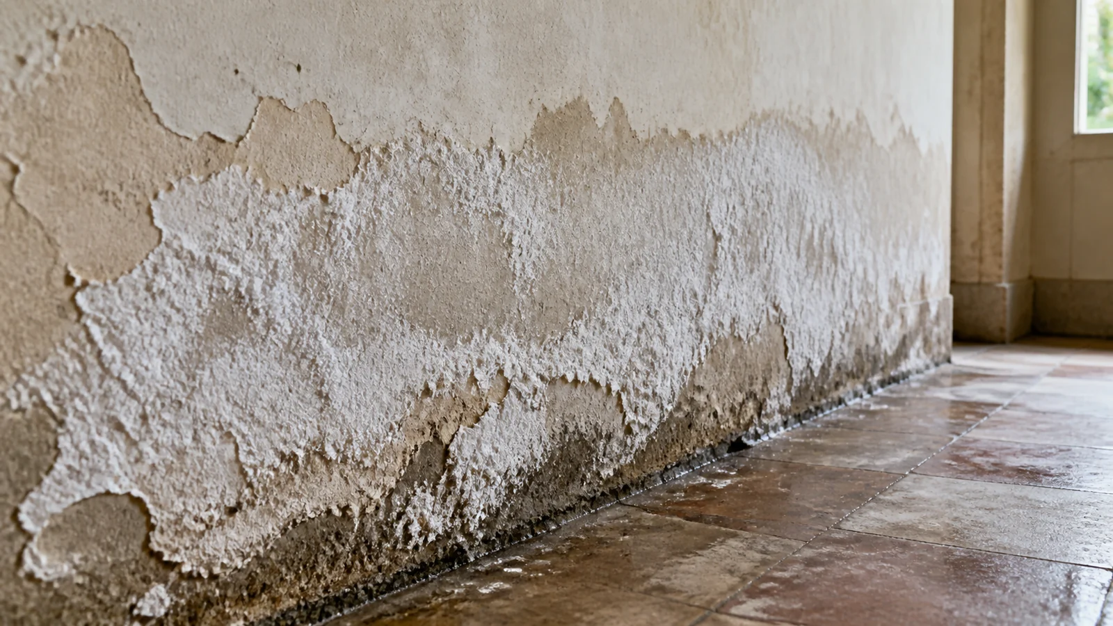 Bas de mur ancien abîmé par des remontées capillaires, avec frange humide, enduit cloqué et dépôts blancs de salpêtre