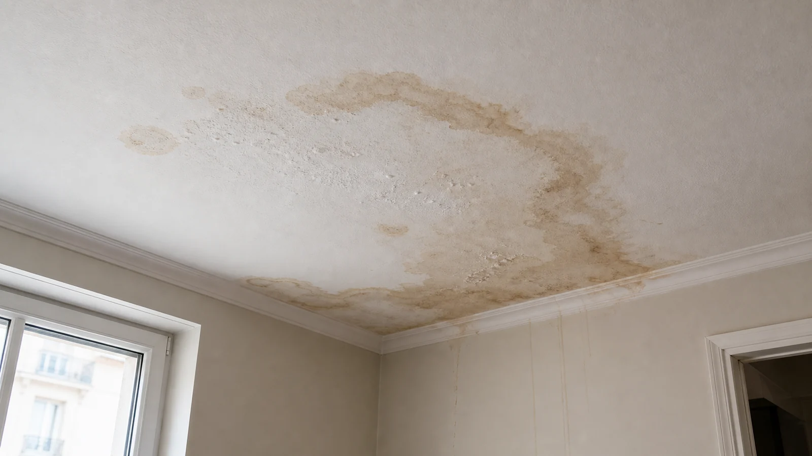 Large auréole d'humidité brunâtre sur un plafond intérieur, avec peinture cloquée et traces de ruissellement près d'un angle