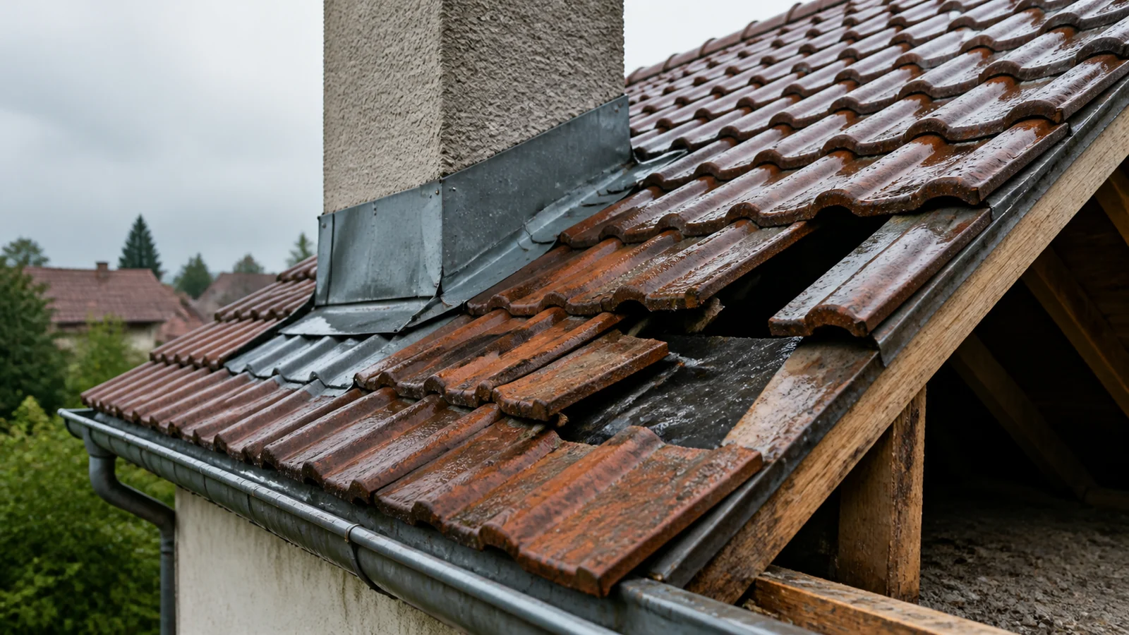Toiture en tuiles après la pluie, avec tuiles déplacées près du solin de cheminée et zone d'entrée d'eau visible