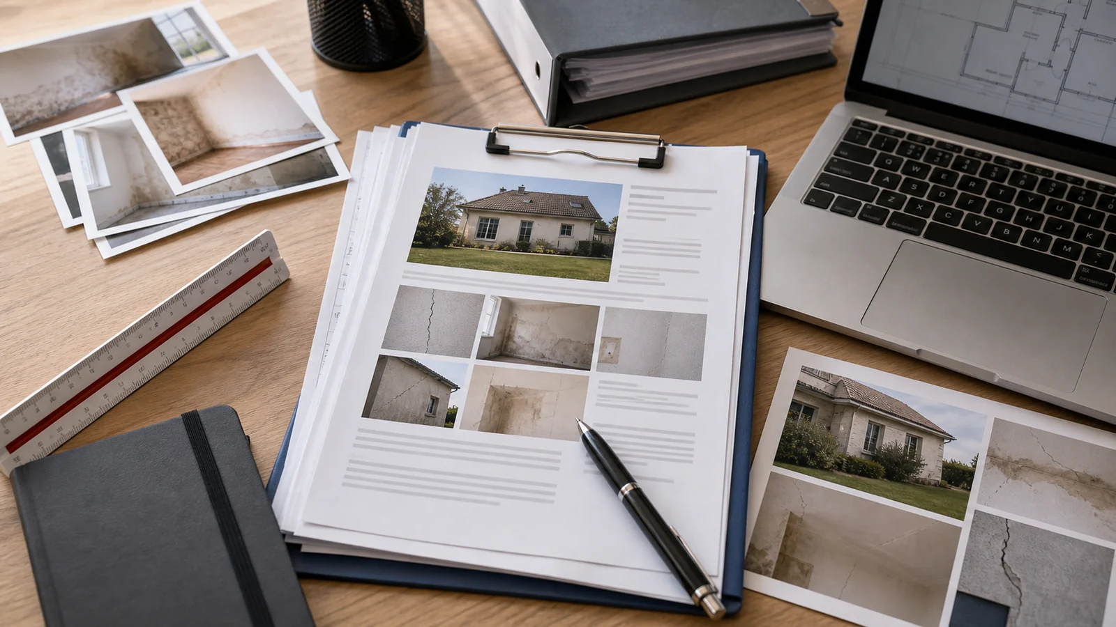 Dossier d'expertise bâtiment avec photos de constat, rapport imprimé, stylo et ordinateur sur un bureau
