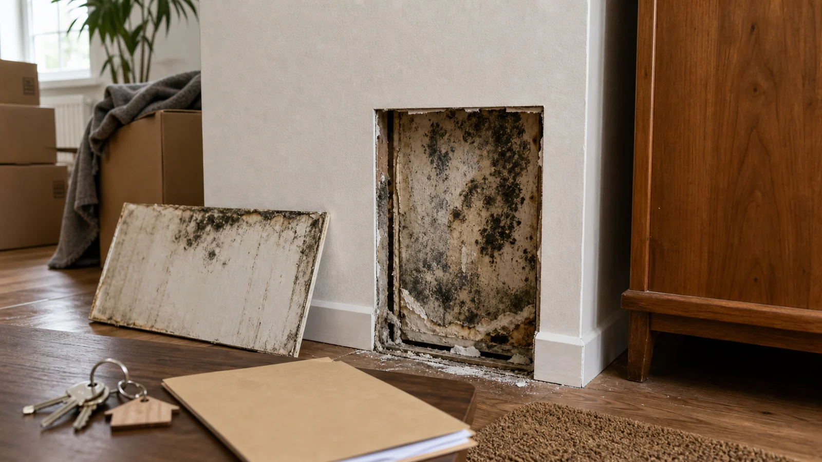 Défaut d'humidité découvert derrière un meuble dans une maison récemment achetée
